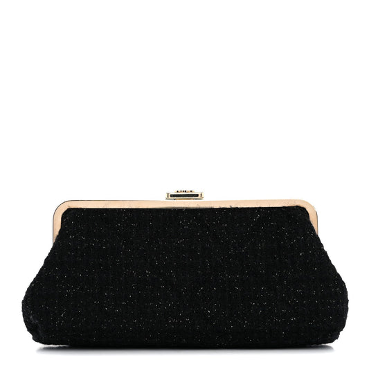 Tweed Quilted Kiss Lock Clutch Black