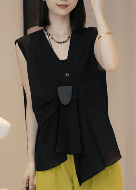 Stylish Blue V Neck Asymmetrical Wrinkled Shirt Sleeveless