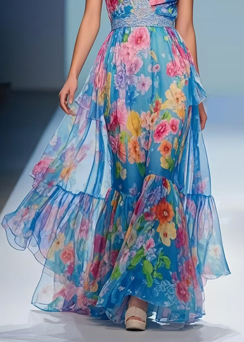 DIY Blue Print Exra Large Hem Chiffon Holiday Dresses Summer