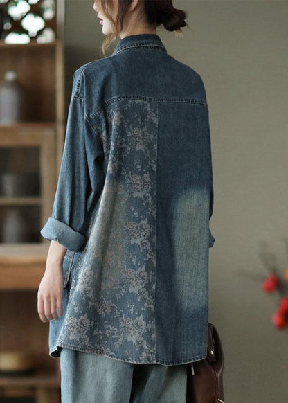Classy Big Flower Print Patchwork Blouse Tops Long Sleeve