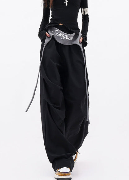 Casual Black Pockets Wrinkled Cotton Wide Leg Pants Fall