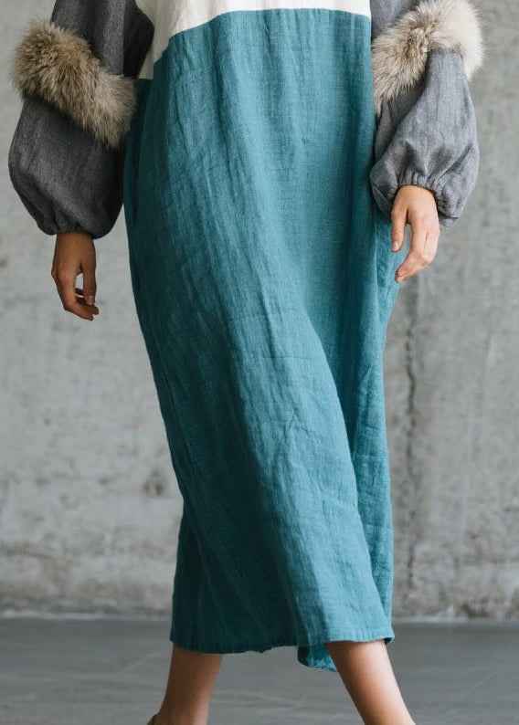Chic Colorblock Oversized Patchwork Faux Fur Ankle Dress Fall