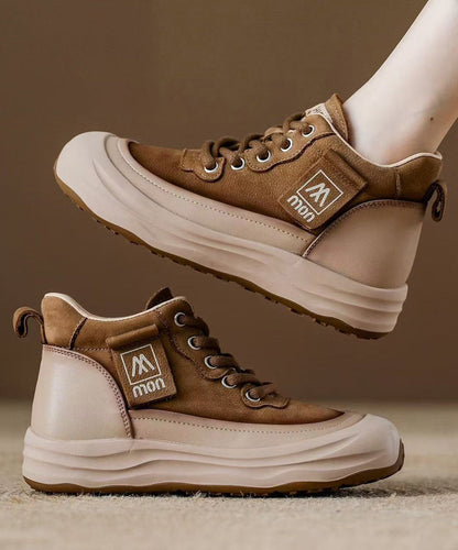 Red Women Platform Cowhide Leather Lace Up Splicing Flat Feet Shoes