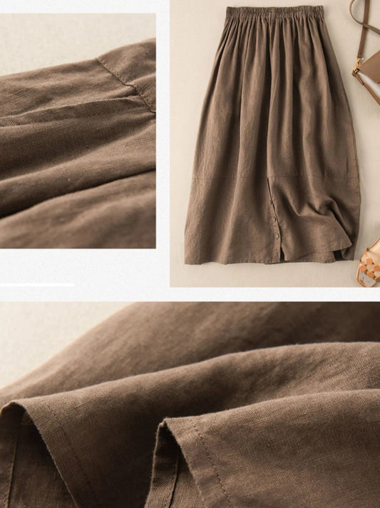 Pure Color Pleated Casual Linen Skirt