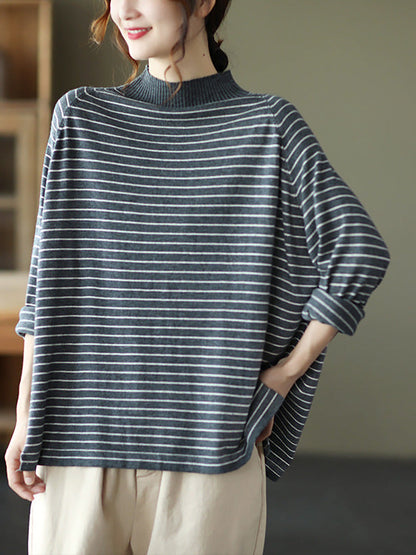 Plus Size - Stripes Turtleneck Knitted Long Sleeve Sweater