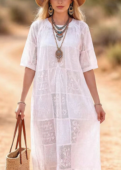 Beautiful White O Neck Embroidered Lace Maxi Dress Summer