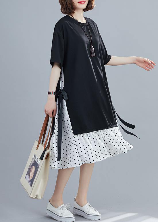DIY o neck quilting dresses Sewing black patchwork dotted Dress