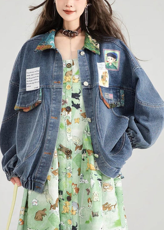 Loose Blue Bow Button Patchwork Denim Coat Spring