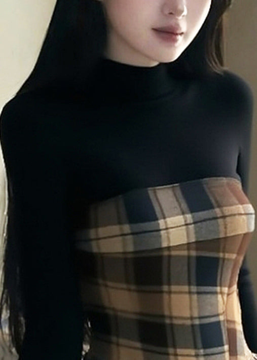 Chic Black Tasseled Plaid Patchwork Knitting Cotton Tops Fall