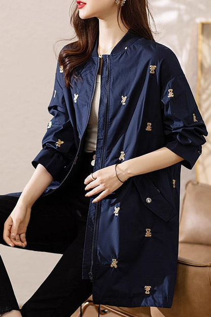 Elegant Navy Bear Embroidered Spandex Trench Coats Fall