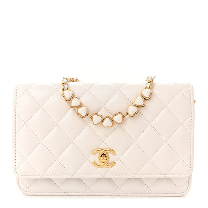 Shiny Crumpled Calfskin Quilted Enamel Heart Wallet On Chain WOC White