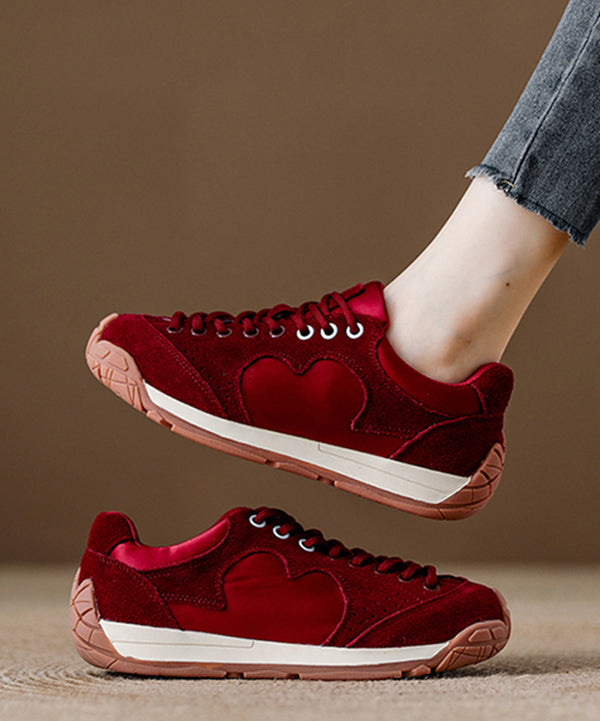 Red Lace Up Platform Suede Women Splicing Flats