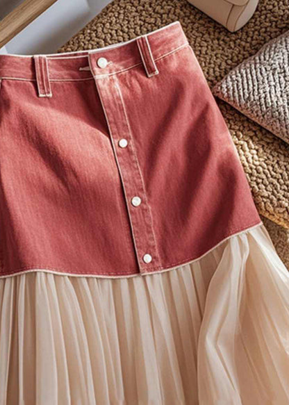 Art Colorblock Patchwork Button High Waist Maxi Skirt Spring