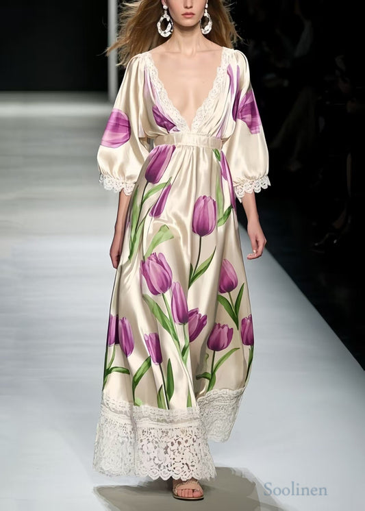Classy Lavender Floral Patchwork Lace Silk Maxi Dress Summer