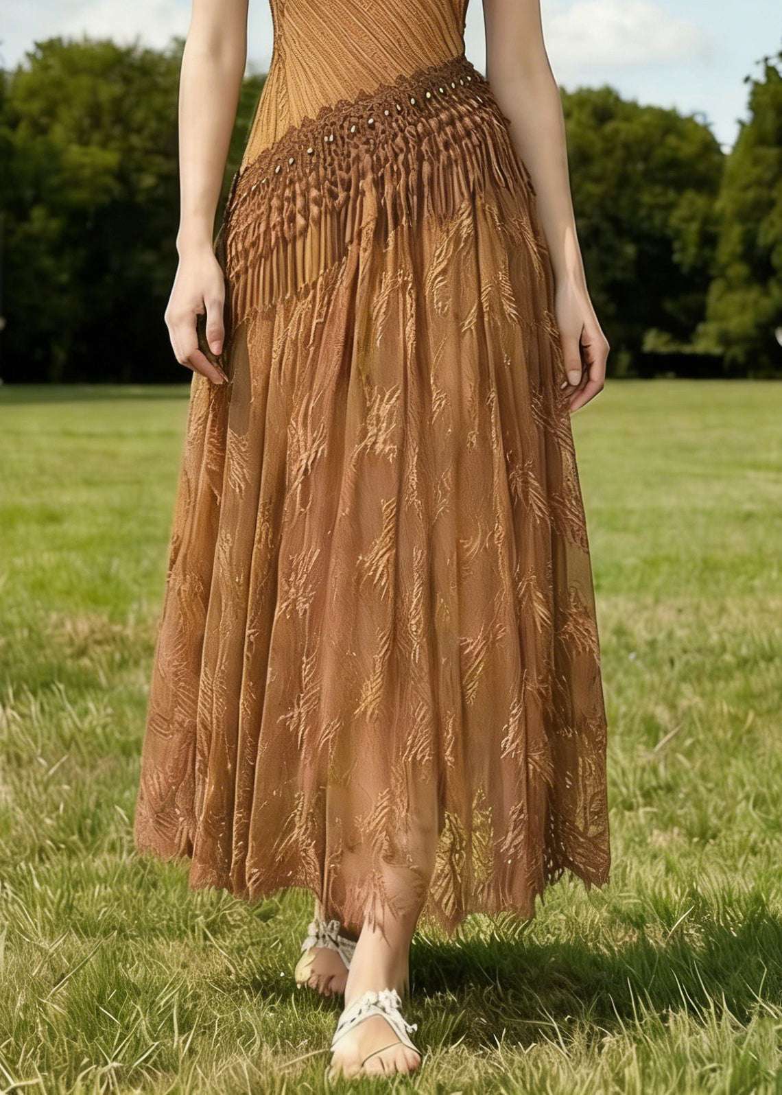 Vintage Brown Tasseled Wrinkled Patchwork Spaghetti Strap Dress Sleeveless