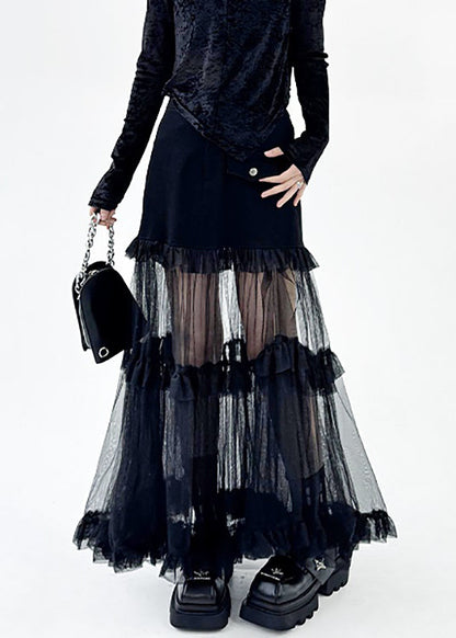 Original Design Black Ruffled Tulle Patchwork Denim Skirt Summer