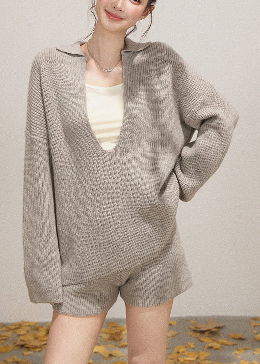 Light Grey Knit Cozy Two Pieces Set Deep-V Neck Fall
