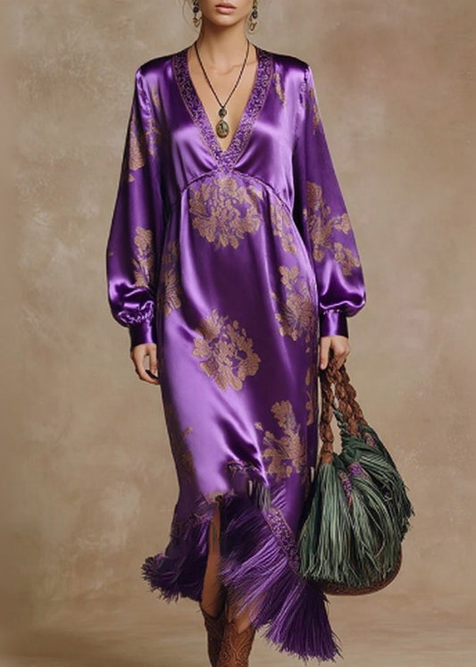 Chic Purple Tasseled Print High Waist Silk Dresses Spring