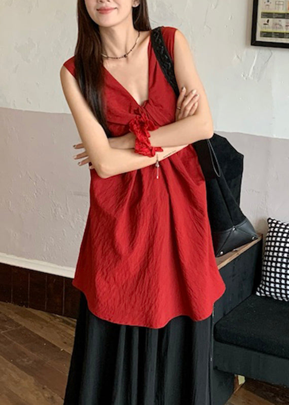 Casual Red V Neck Wrinkled Top Sleeveless
