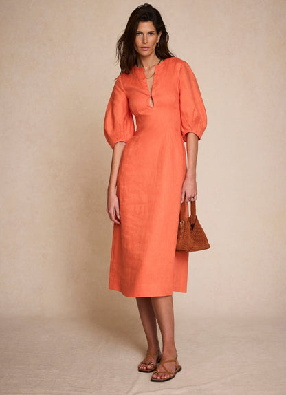 Linen Puff-Sleeve Fitted Waist Midi Dress