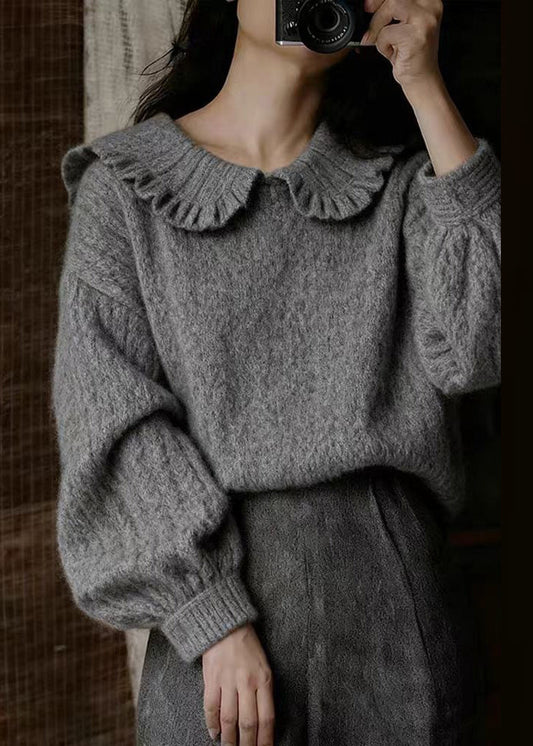 Elegant Dark Gray Peter Pan Collar Cozy Knit Sweater Winter