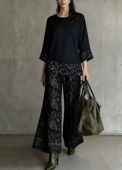 Black Print Tops And Wide Leg Pants Patchwork Silk Two Pieces Set O-Neck Spring