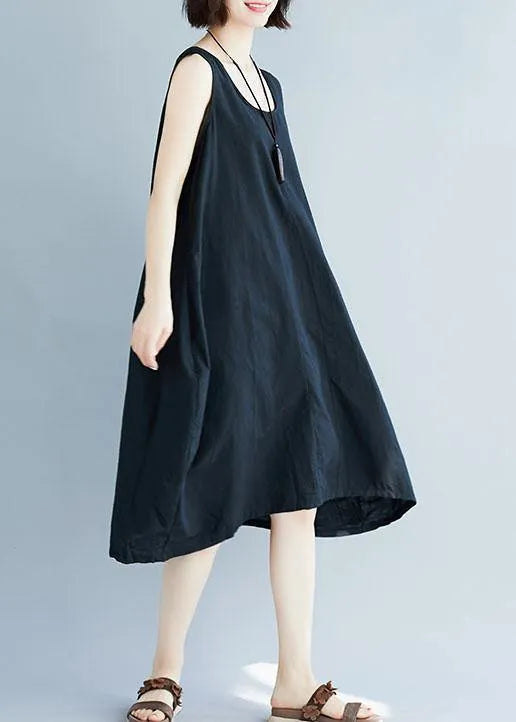 Chic black o neck linen quilting dresses sleeveless Plus Size Clothing summer Dress