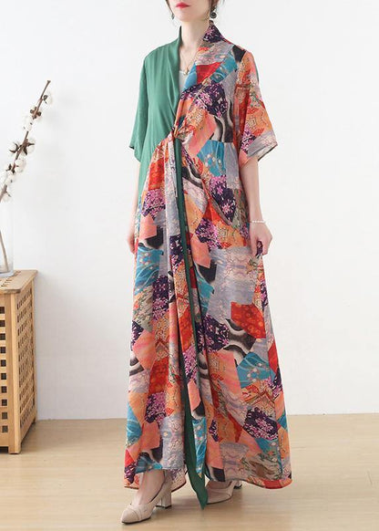 Beautiful Green Patchwork Print Vacation Summer Chiffon Dress