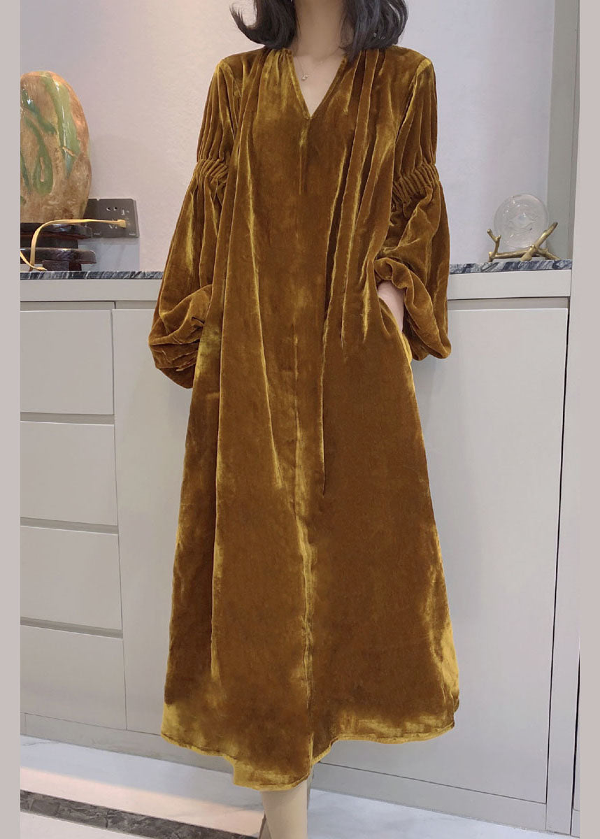 Women Yellow Puff Sleeve Pockets Velour Dress