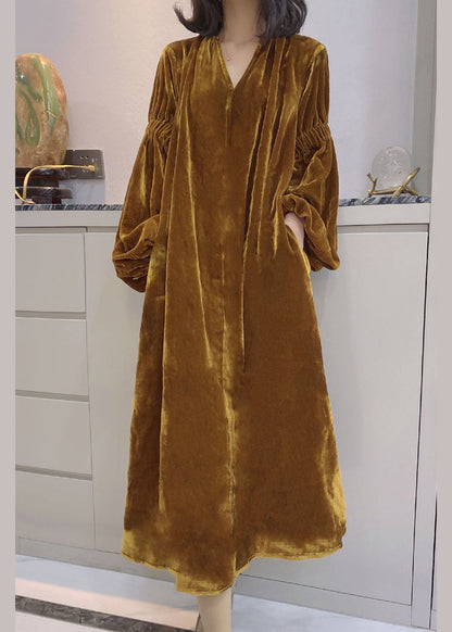 Women Yellow Puff Sleeve Pockets Velour Dress