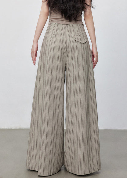French Striped Button Pockets High Waist Cotton Wide Leg Pants Summer