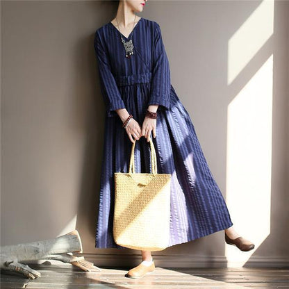 Retro V-neck Striped Loose Dress