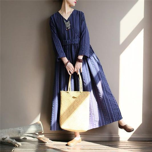 Retro V-neck Striped Loose Dress