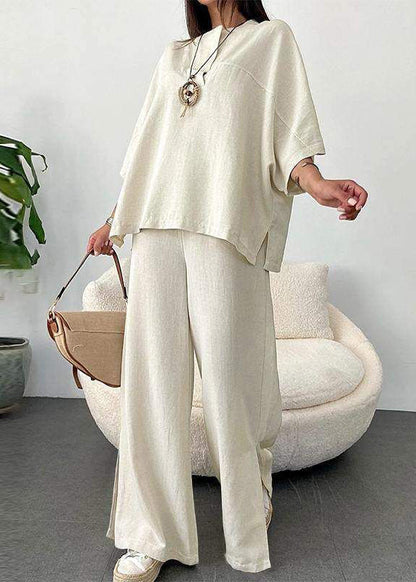 Art White O-Neck Patchwork Top And Wide Leg Pants Two Pieces Set Fall