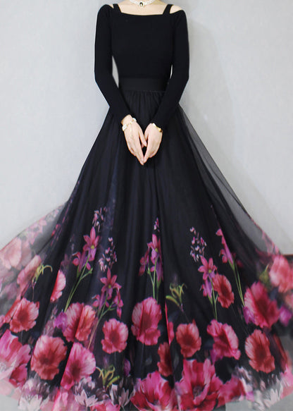 New Black Print High Waist Tulle Skirt Spring