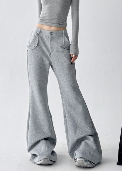 Streetwear Grey Pockets Patchwork Cotton Flared Trousers Fall
