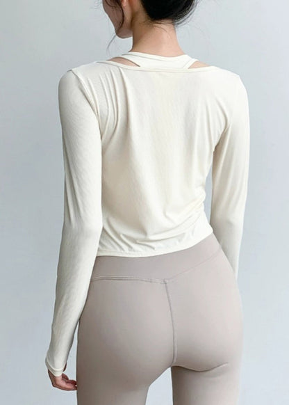 Art Beige V Neck Wrinkled Yoga Tops Spring