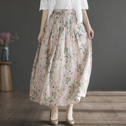 Cozy Retro Linen Floral A-Line Patchwork Skirt