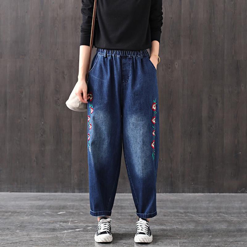 Autumn Loose Embroidery Harem Denim Trousers