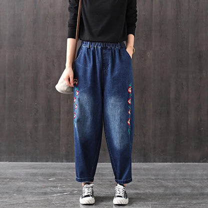 Autumn Loose Embroidery Harem Denim Trousers