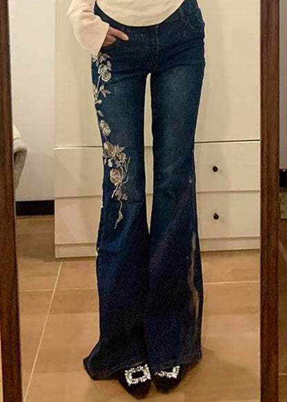 Vintage Blue Embroidered Pockets Denim Flared Trousers Spring