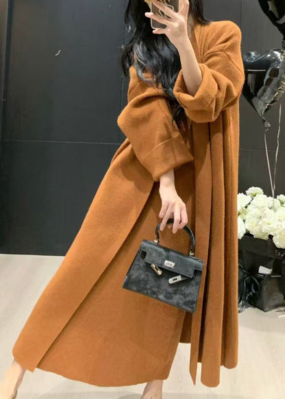 Casual Caramel V Neck Solid Knit Long Coats And Long Dress Two Pieces Set Fall