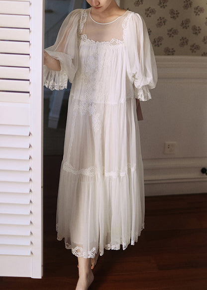 Elegant White Wrinkled Lace Patchwork Tulle Pajamas Dresses Half Sleeve