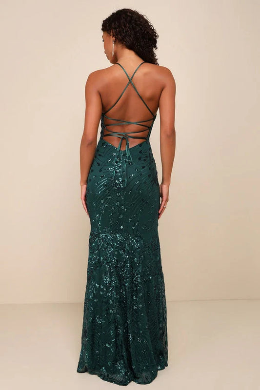 Photo Finish Forest Green Sequin Lace-Up Maxi Dress