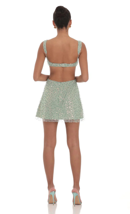 Sequin Pearl Cutout Dress in Green