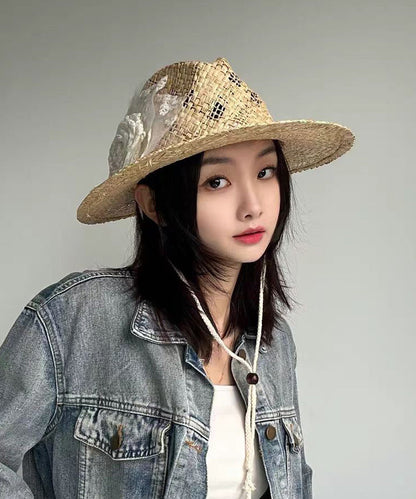 Handmade Original Lace Flower Hollow Out Straw Woven Cowboy Hat