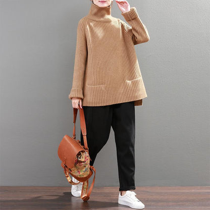 Solid Color High Neck Casual Sweater