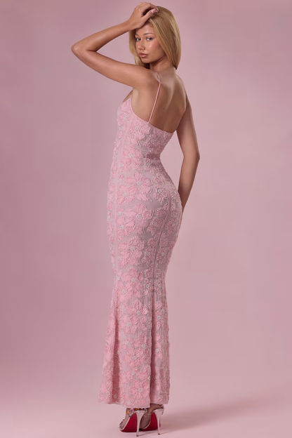 Women's Pink Floral Embroidered Mesh Mermaid Maxi Dress - Spaghetti Strap Backless Evening Gown