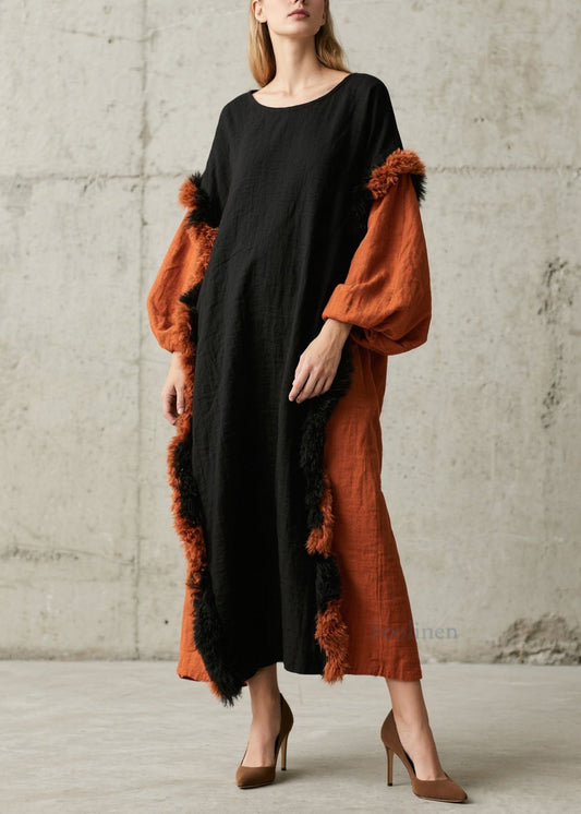 Vintage Colorblock Fuzzy Fur Fluffy Patchwork Cotton Maxi Dress Fall