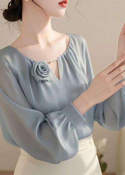 Stylish Blue Floral Solid Chiffon Shirt Fall